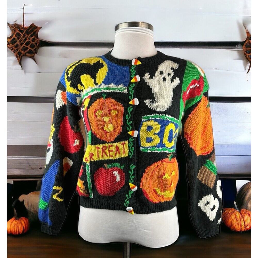 *Flawed The Eagles Eye Halloween Cardigan Sweater Hand Knit Candy Corn Buttons S - Picture 1 of 15